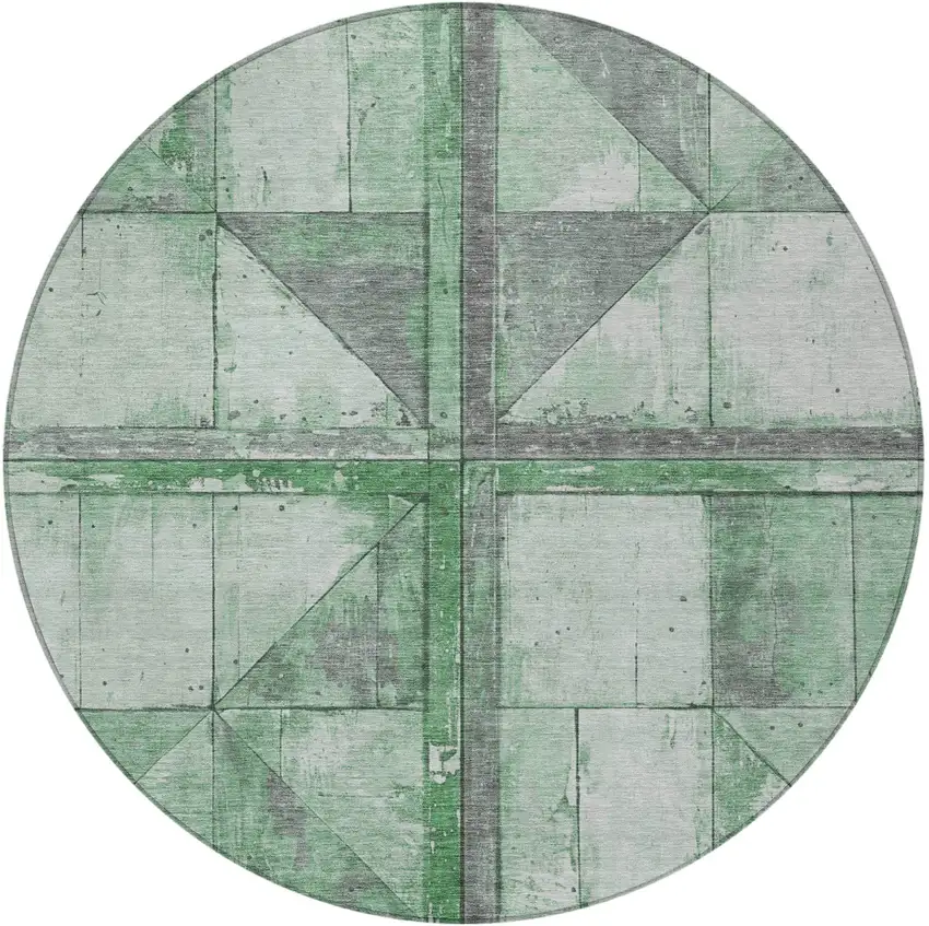8' Green And Gray Round Geometric Washable Indoor Outdoor Area Rug Photo 3