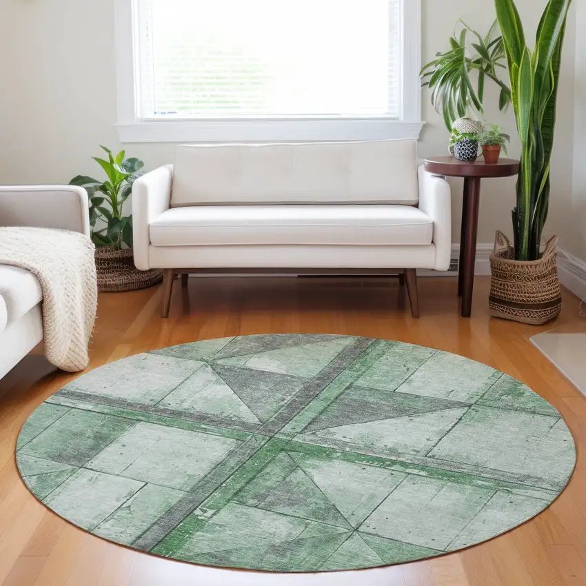 8' Green And Gray Round Geometric Washable Indoor Outdoor Area Rug Photo 6