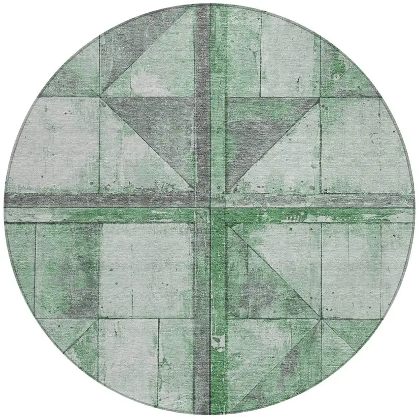 8' Green And Gray Round Geometric Washable Indoor Outdoor Area Rug Photo 4