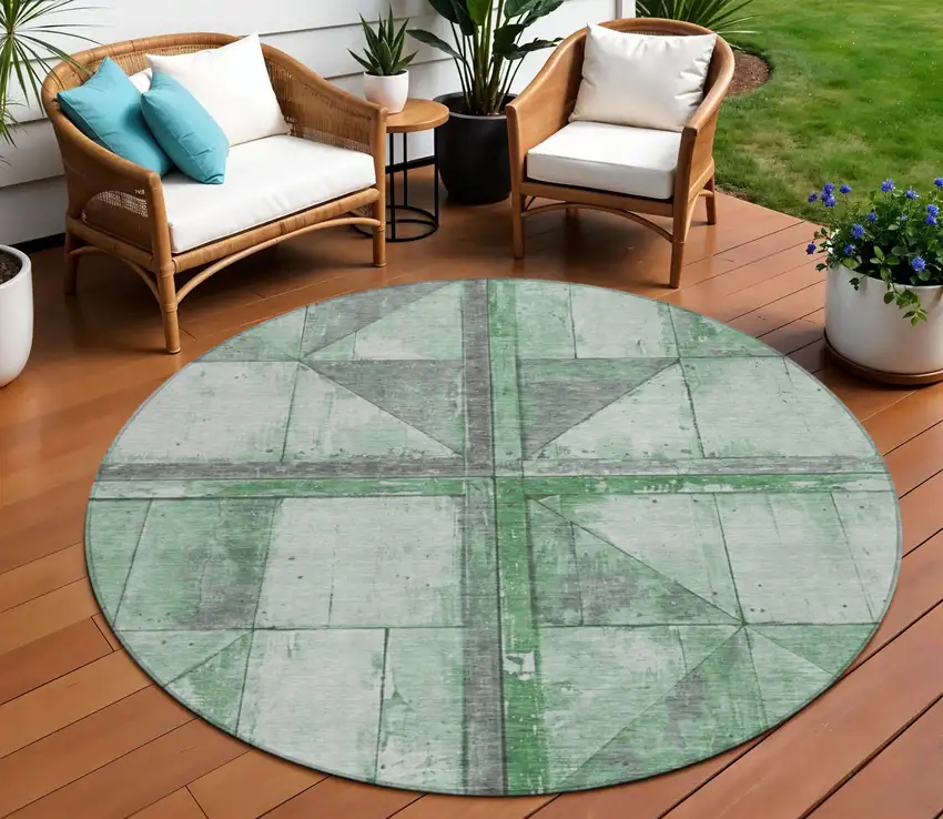 8' Green And Gray Round Geometric Washable Indoor Outdoor Area Rug Photo 2