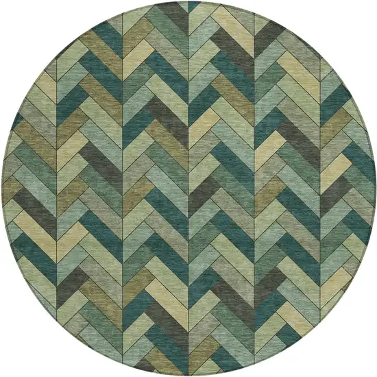 8' Green And Gray Round Geometric Washable Indoor Outdoor Area Rug Photo 2