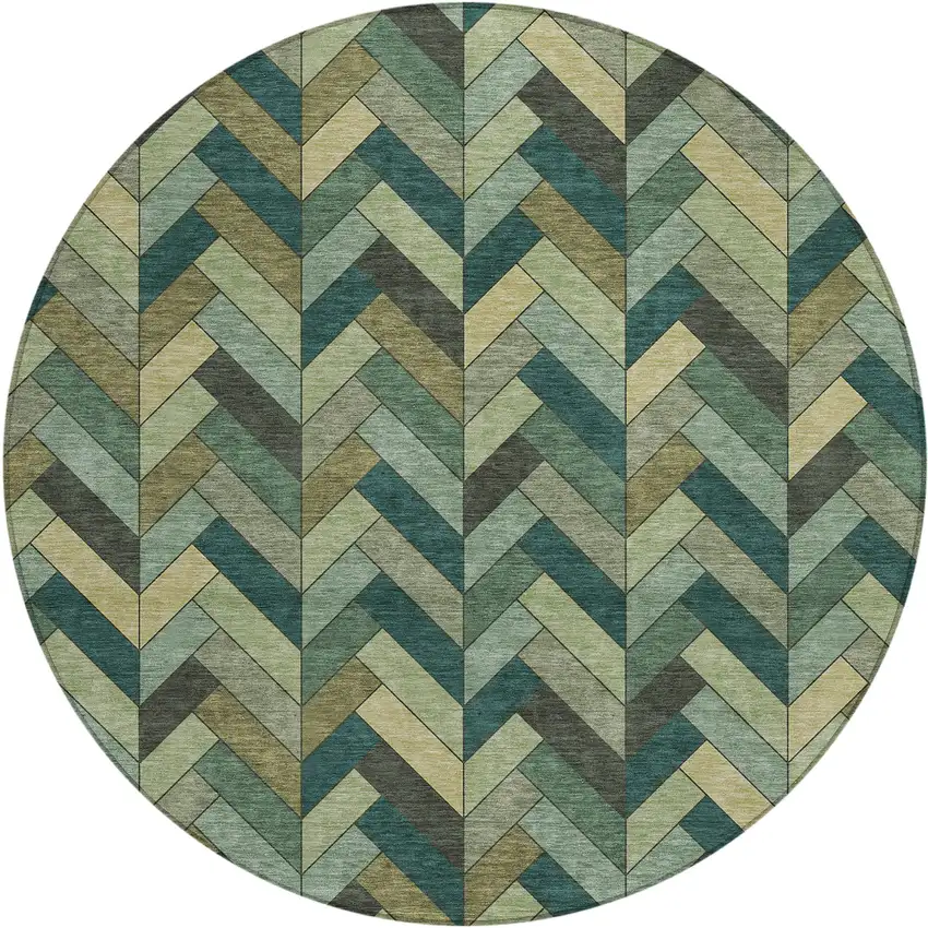 8' Green And Gray Round Geometric Washable Indoor Outdoor Area Rug Photo 2