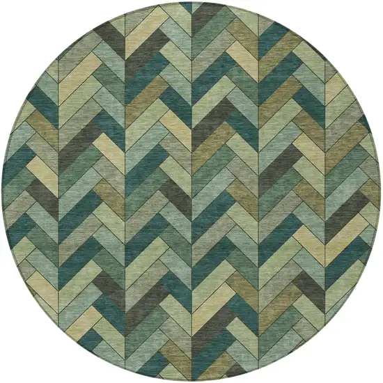 8' Green And Gray Round Geometric Washable Indoor Outdoor Area Rug Photo 4