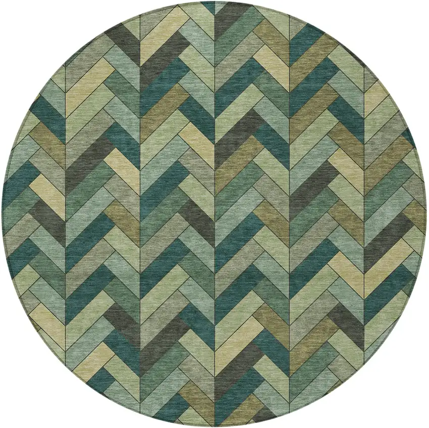 8' Green And Gray Round Geometric Washable Indoor Outdoor Area Rug Photo 4