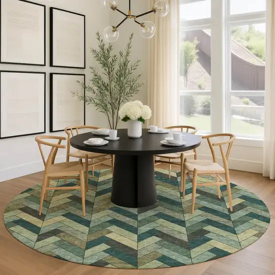 8' Green And Gray Round Geometric Washable Indoor Outdoor Area Rug Photo 8