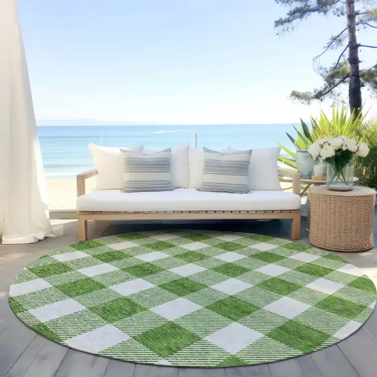 8' Green And Gray Round Plaid Washable Indoor Outdoor Area Rug Photo 6