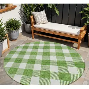 Photo of 8' Green And Gray Round Plaid Washable Indoor Outdoor Area Rug
