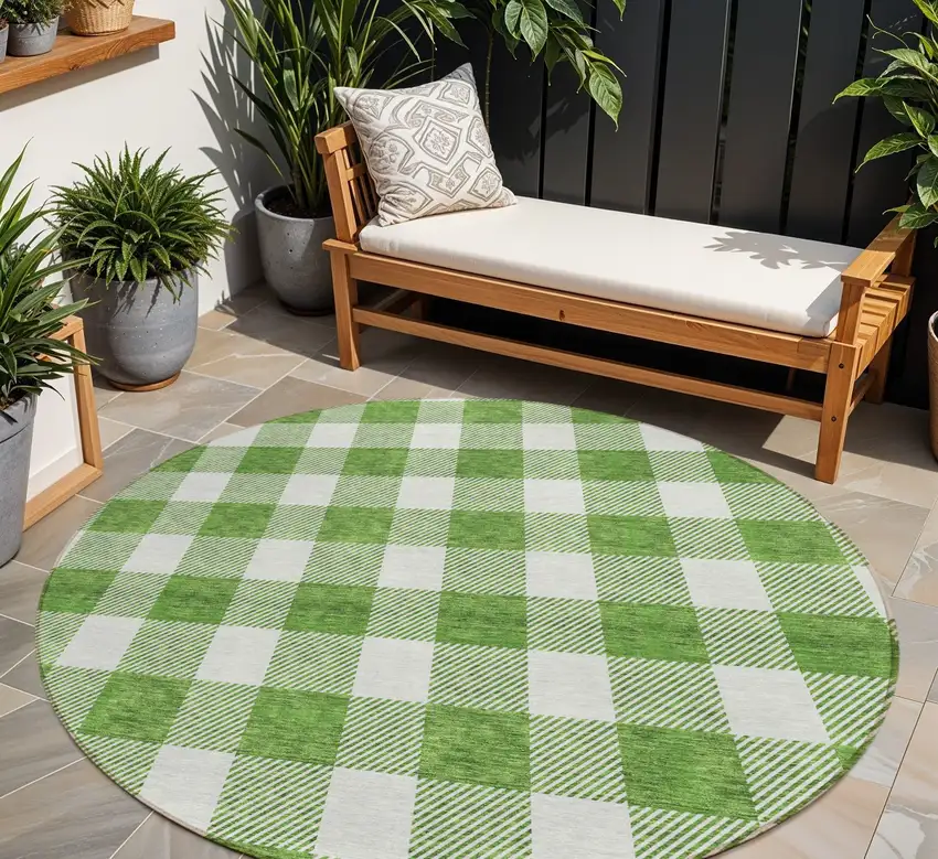 8' Green And Gray Round Plaid Washable Indoor Outdoor Area Rug Photo 1