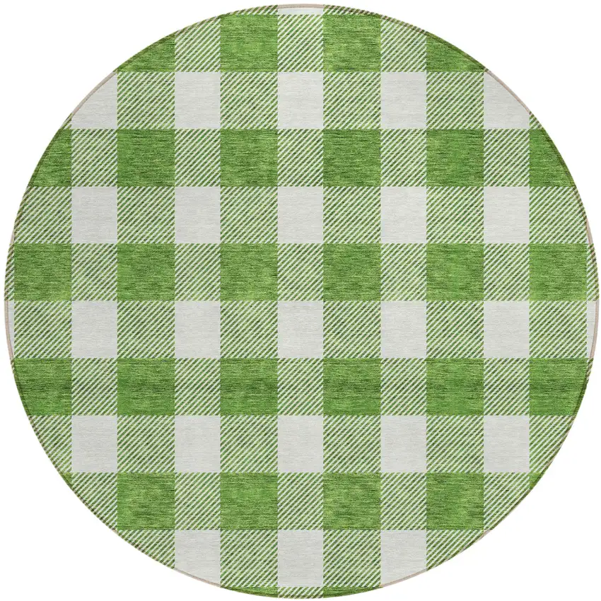 8' Green And Gray Round Plaid Washable Indoor Outdoor Area Rug Photo 2