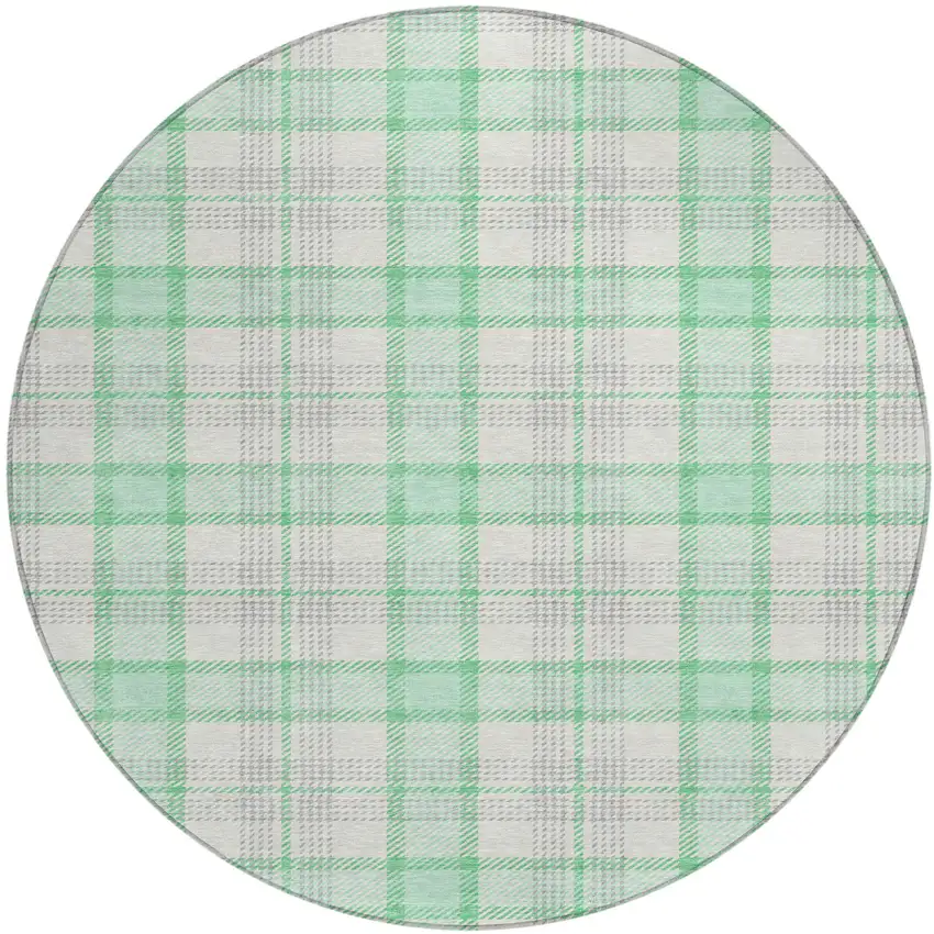 8' Green And Gray Round Plaid Washable Indoor Outdoor Area Rug Photo 2