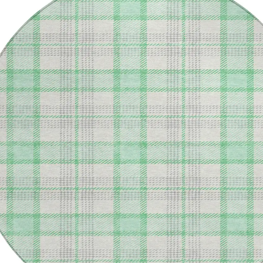 8' Green And Gray Round Plaid Washable Indoor Outdoor Area Rug Photo 4