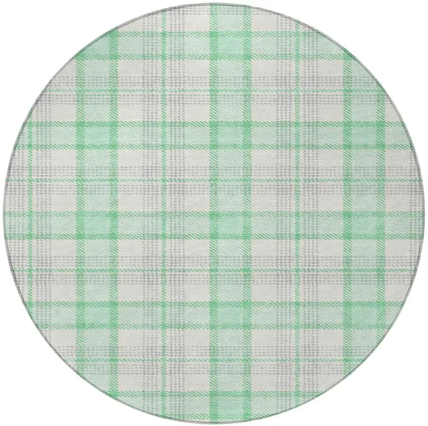 8' Green And Gray Round Plaid Washable Indoor Outdoor Area Rug Photo 5