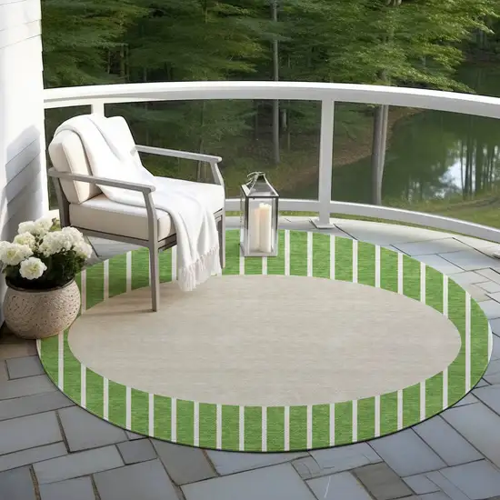 8' Green And Gray Round Striped Washable Indoor Outdoor Area Rug Photo 6