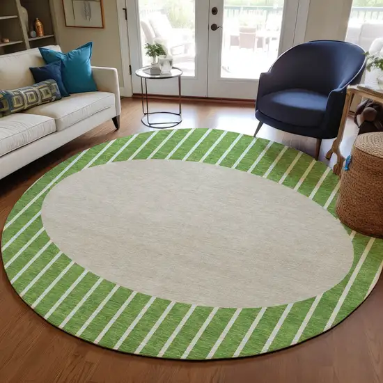 8' Green And Gray Round Striped Washable Indoor Outdoor Area Rug Photo 7