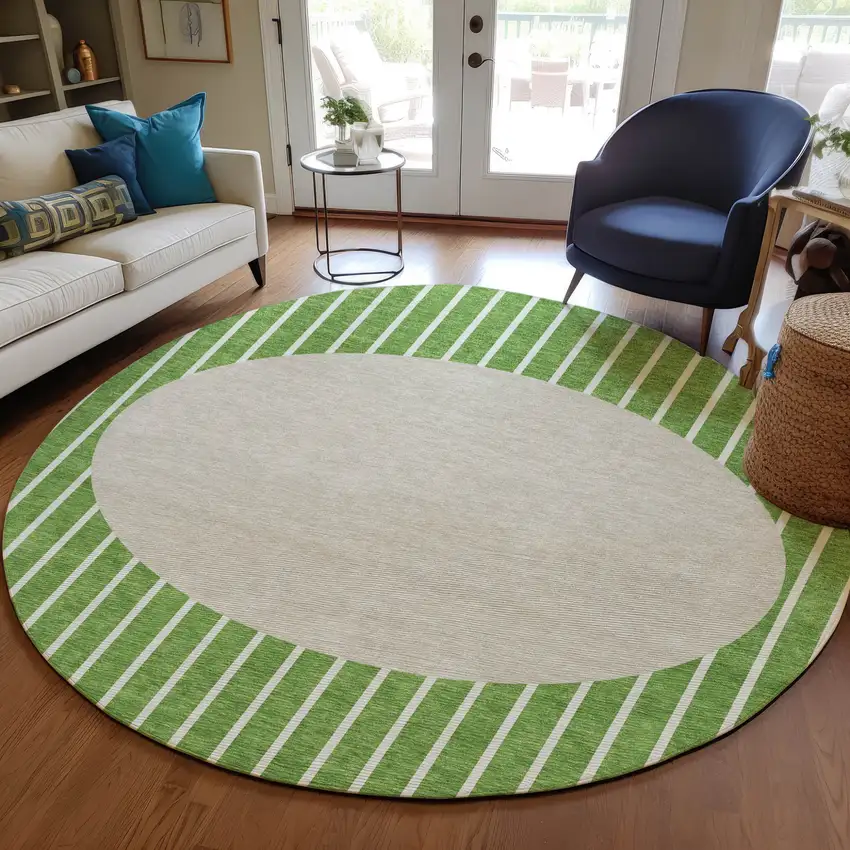 8' Green And Gray Round Striped Washable Indoor Outdoor Area Rug Photo 7
