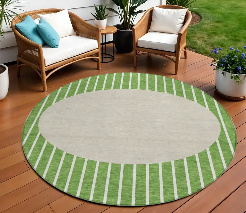 8' Green And Gray Round Striped Washable Indoor Outdoor Area Rug Photo 1