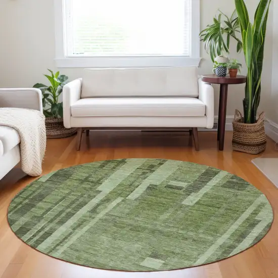 8' Green And Gray Round Striped Washable Indoor Outdoor Area Rug Photo 8