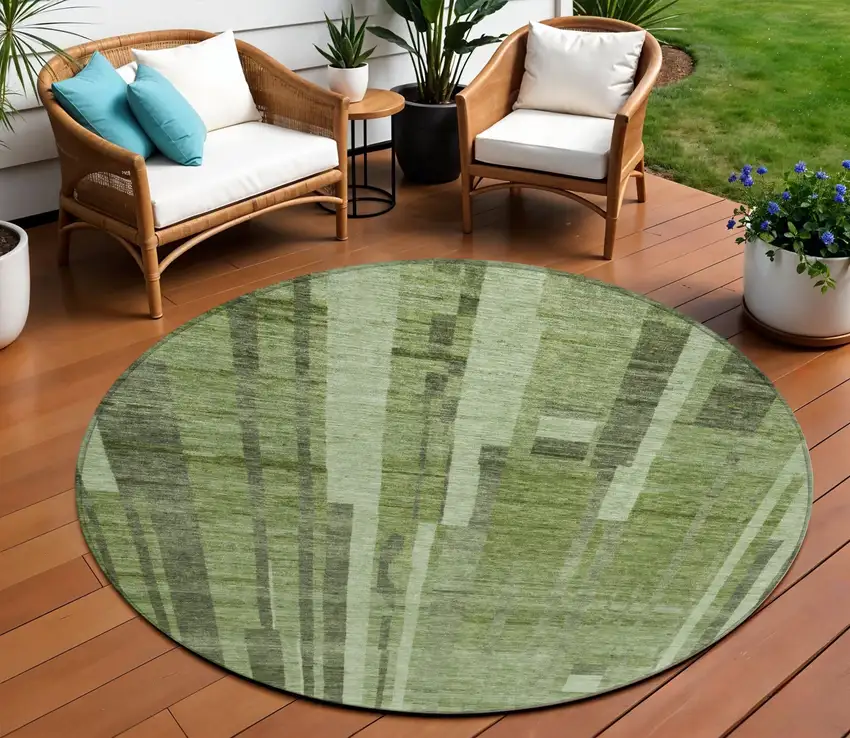 8' Green And Gray Round Striped Washable Indoor Outdoor Area Rug Photo 1