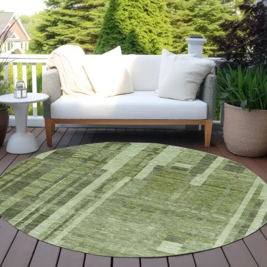8' Green And Gray Round Striped Washable Indoor Outdoor Area Rug Photo 7