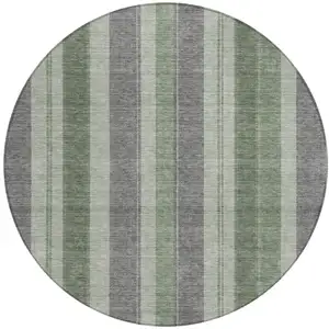 Photo of 8' Green And Gray Round Striped Washable Indoor Outdoor Area Rug