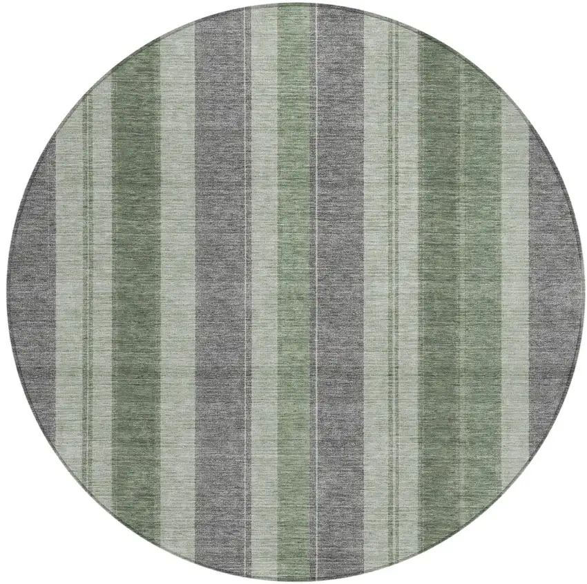 8' Green And Gray Round Striped Washable Indoor Outdoor Area Rug Photo 1