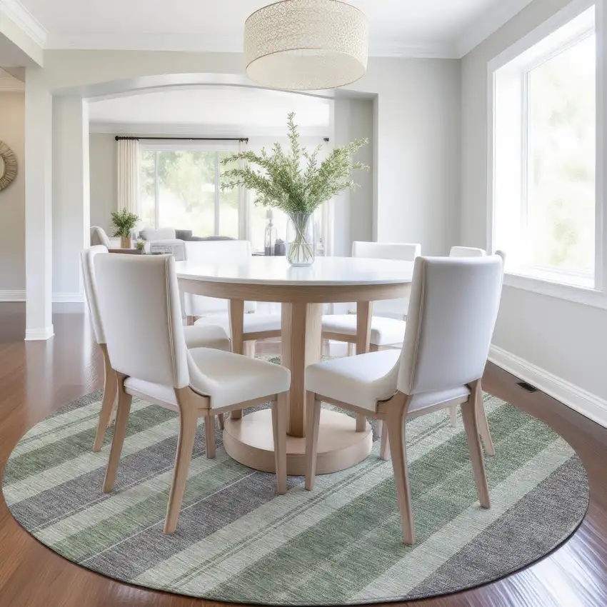 8' Green And Gray Round Striped Washable Indoor Outdoor Area Rug Photo 7
