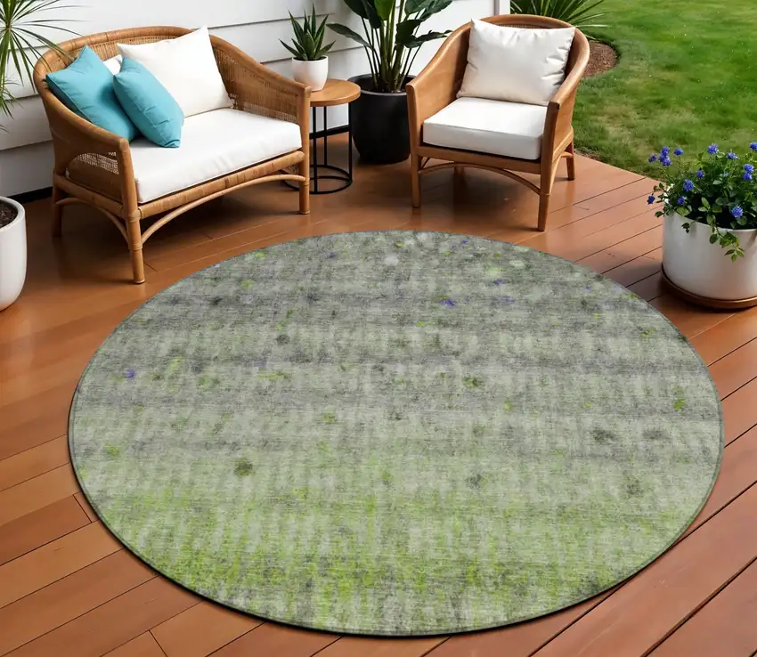 8' Green And Gray Round Striped Washable Indoor Outdoor Area Rug Photo 1