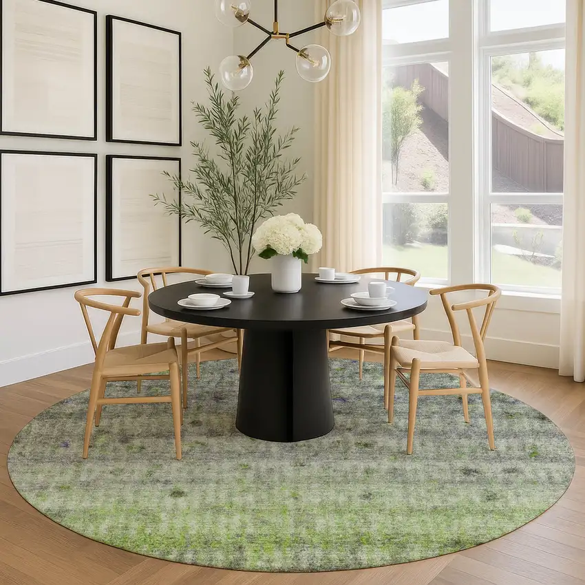 8' Green And Gray Round Striped Washable Indoor Outdoor Area Rug Photo 9