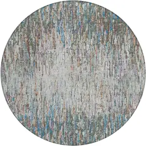 Photo of 8' Green And Gray Round Striped Washable Indoor Outdoor Area Rug