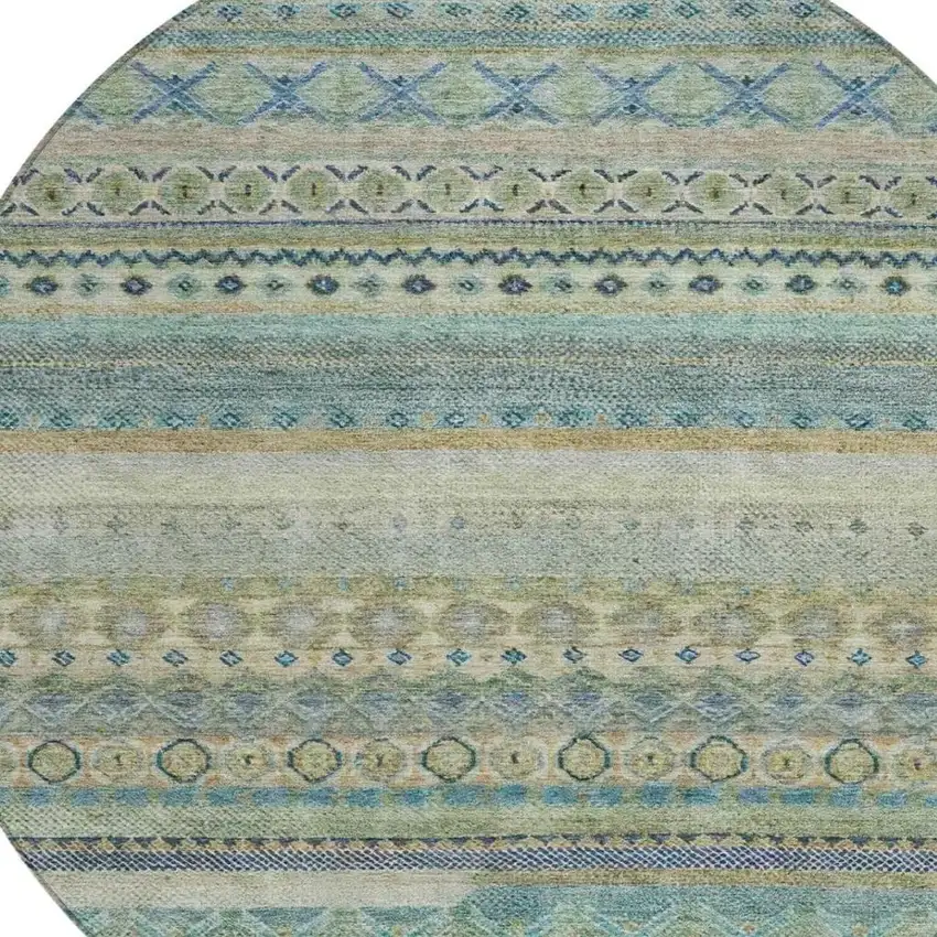 8' Green And Gray Round Striped Washable Indoor Outdoor Area Rug Photo 3