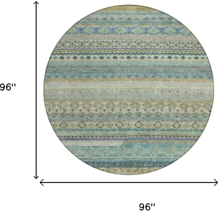 8' Green And Gray Round Striped Washable Indoor Outdoor Area Rug Photo 7