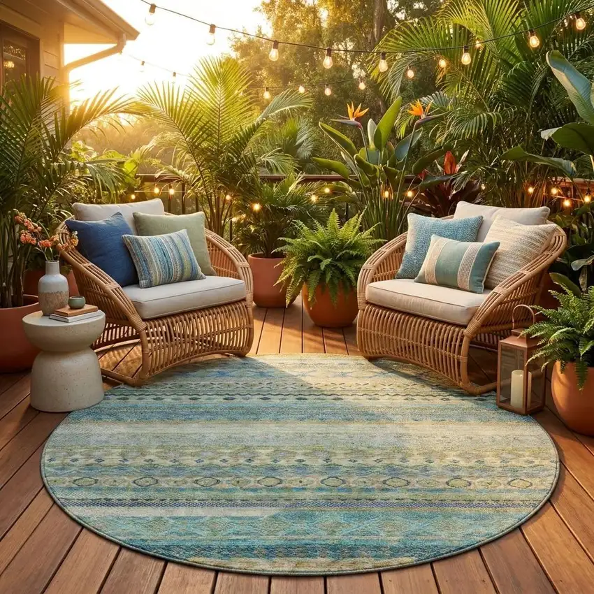 8' Green And Gray Round Striped Washable Indoor Outdoor Area Rug Photo 1