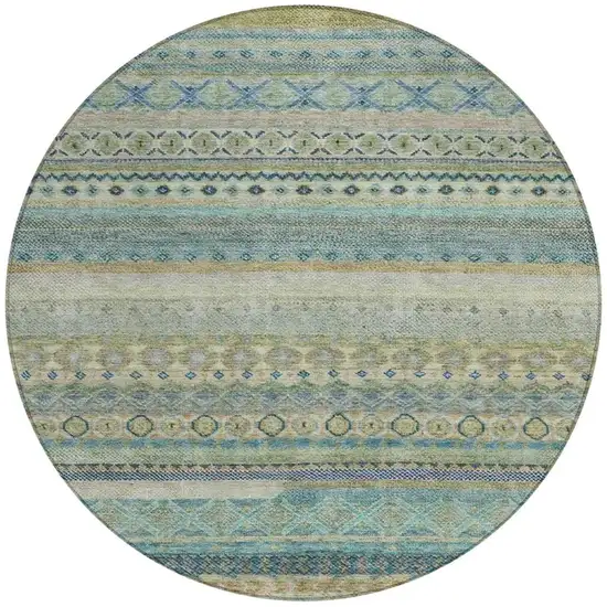 8' Green And Gray Round Striped Washable Indoor Outdoor Area Rug Photo 4