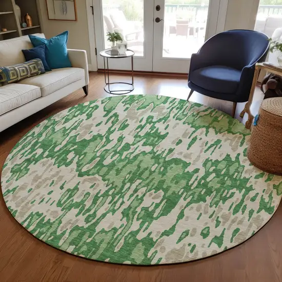 8' Green And Gray Round Striped Washable Indoor Outdoor Area Rug Photo 7