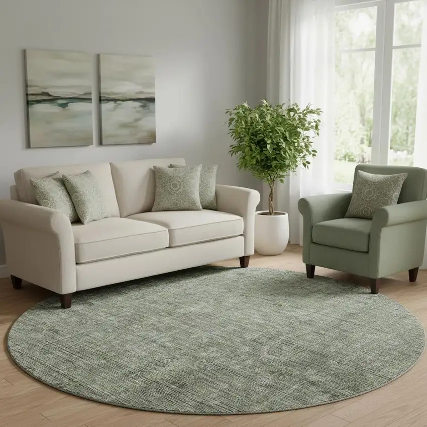 8' Green And Gray Southwestern Washable Round Rug With UV Protection Photo 1
