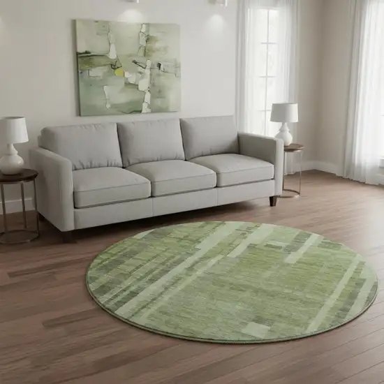 8' Green And Gray Striped Washable Round Rug With UV Protection Photo 2