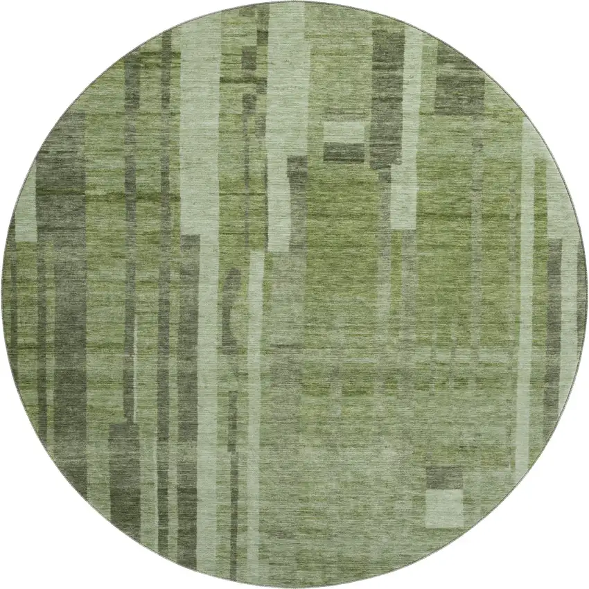 8' Green And Gray Striped Washable Round Rug With UV Protection Photo 1