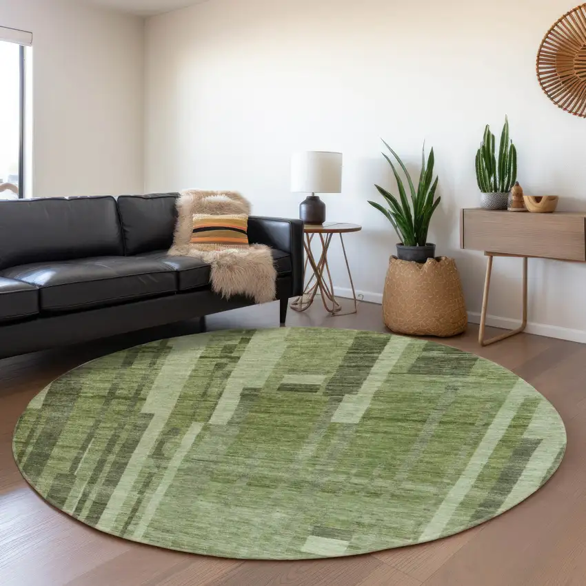 8' Green And Gray Striped Washable Round Rug With UV Protection Photo 4