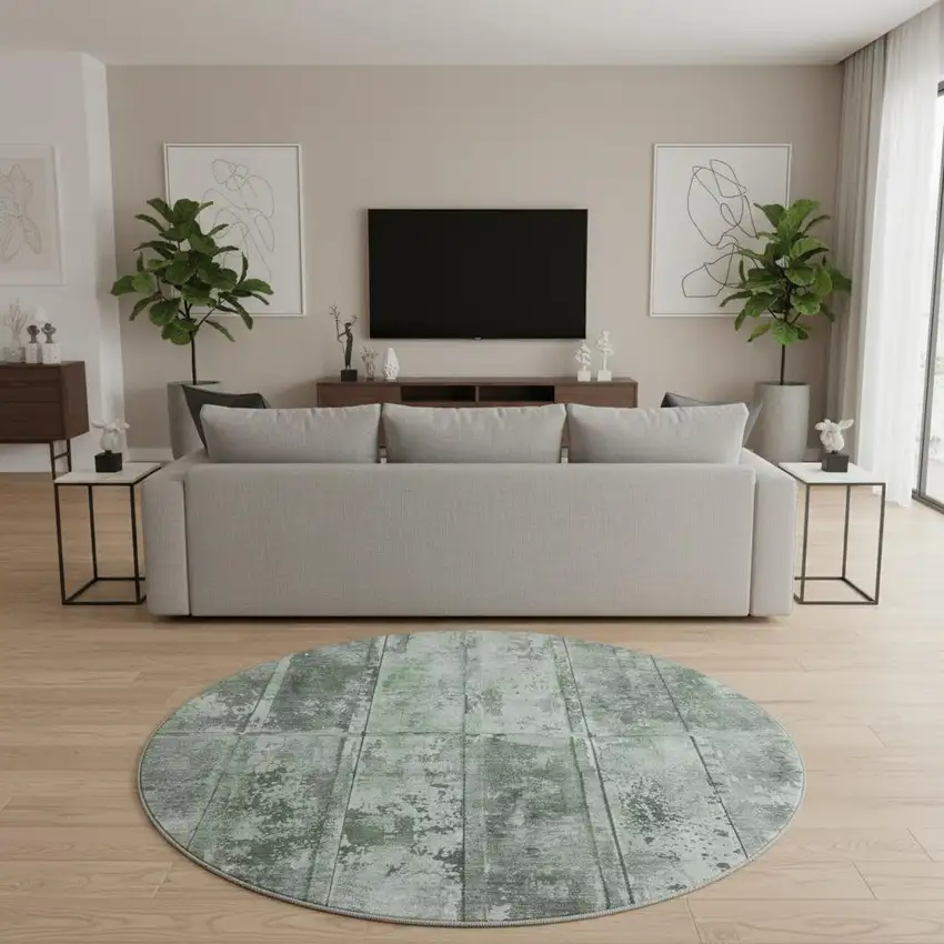 8' Green And Gray Striped Washable Round Rug With UV Protection Photo 2