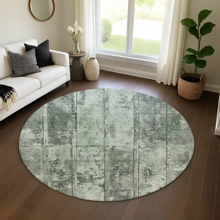 8' Green And Gray Striped Washable Round Rug With UV Protection Photo 4