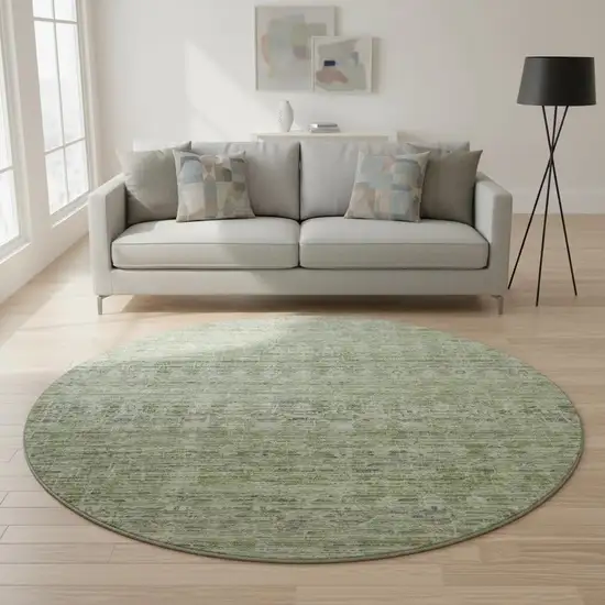 8' Green And Gray Striped Washable Round Rug With UV Protection Photo 2