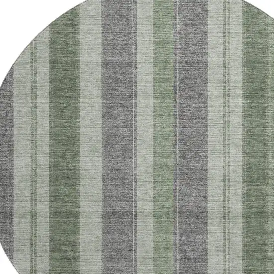8' Green And Gray Striped Washable Round Rug With UV Protection Photo 3