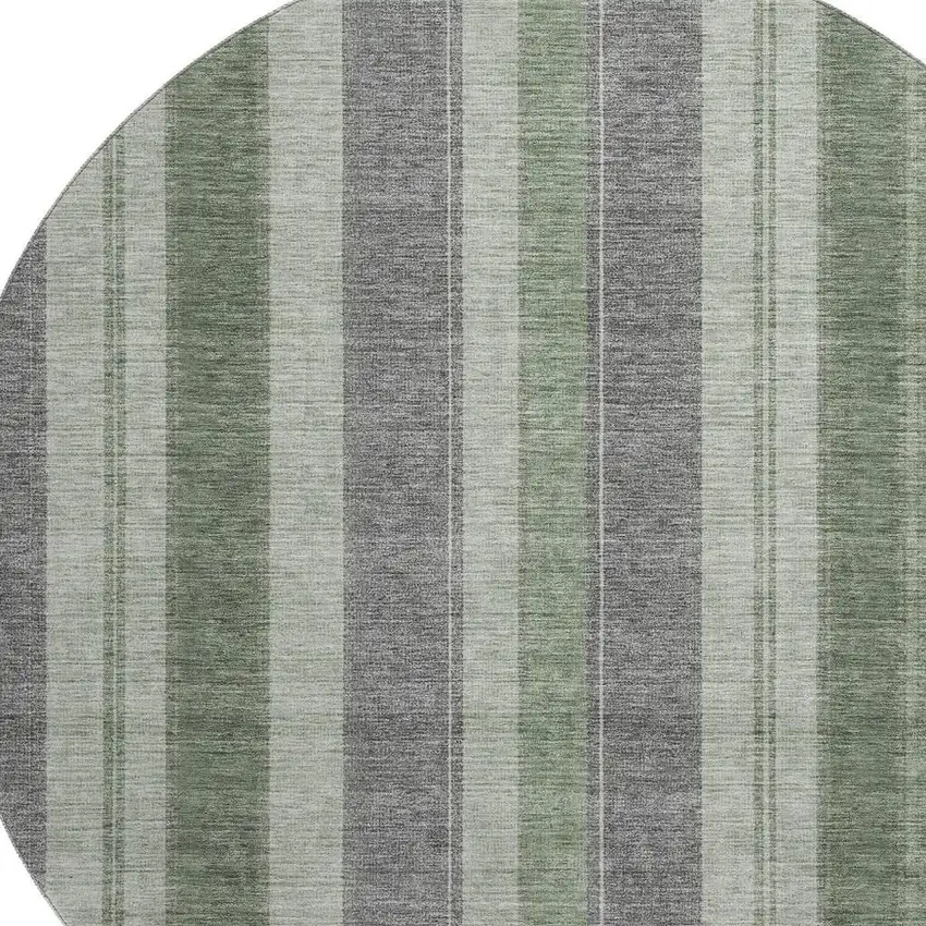 8' Green And Gray Striped Washable Round Rug With UV Protection Photo 3