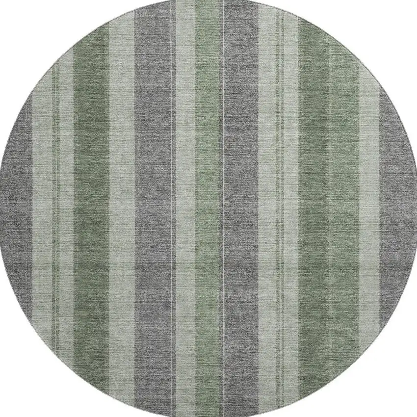 8' Green And Gray Striped Washable Round Rug With UV Protection Photo 4