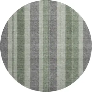 Photo of 8' Green And Gray Striped Washable Round Rug With UV Protection