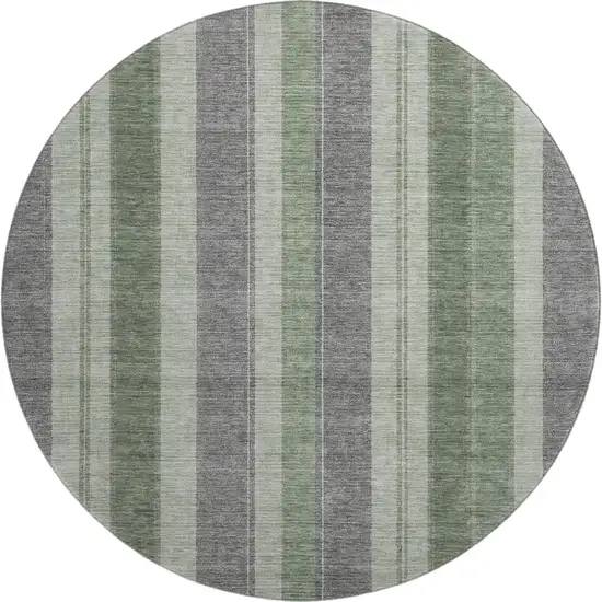 8' Green And Gray Striped Washable Round Rug With UV Protection Photo 1
