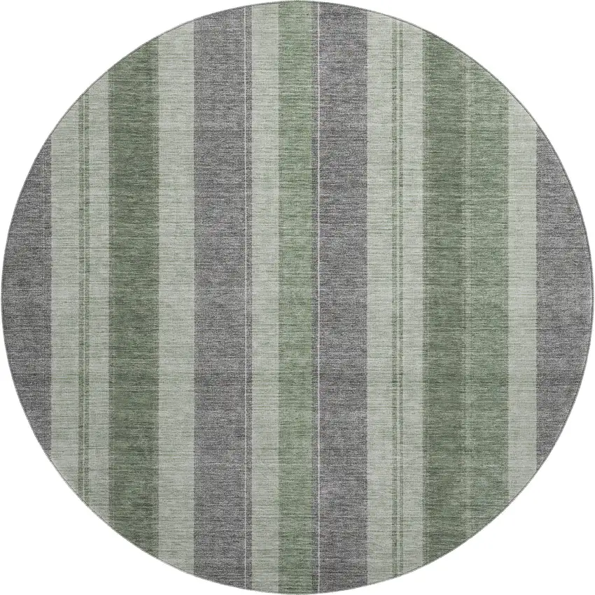 8' Green And Gray Striped Washable Round Rug With UV Protection Photo 1