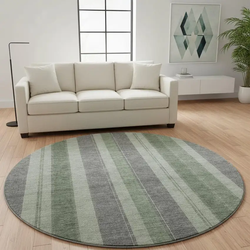 8' Green And Gray Striped Washable Round Rug With UV Protection Photo 2