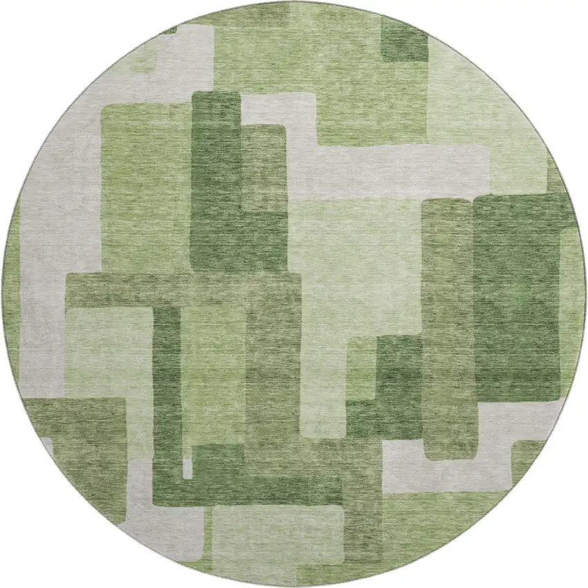 8' Green And Ivory Abstract Geometric Washable Round Rug With UV Protection Photo 1