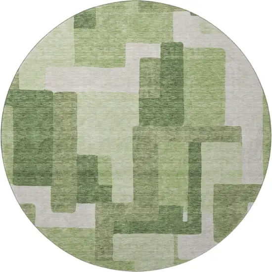 8' Green And Ivory Abstract Geometric Washable Round Rug With UV Protection Photo 3